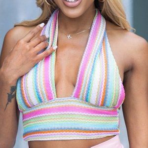Pink & Blue Multicolored Knit Backless Halter Crop Top